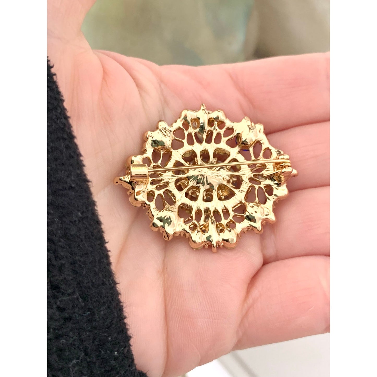 Blue Glass Rhinestone Statement Brooch Goldtone Clear Accents Romantic Vintage Style