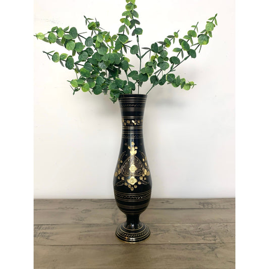 Vintage Black and Gold Etched Brass Metal Floral Pedestal Vase Boho Glam Moody