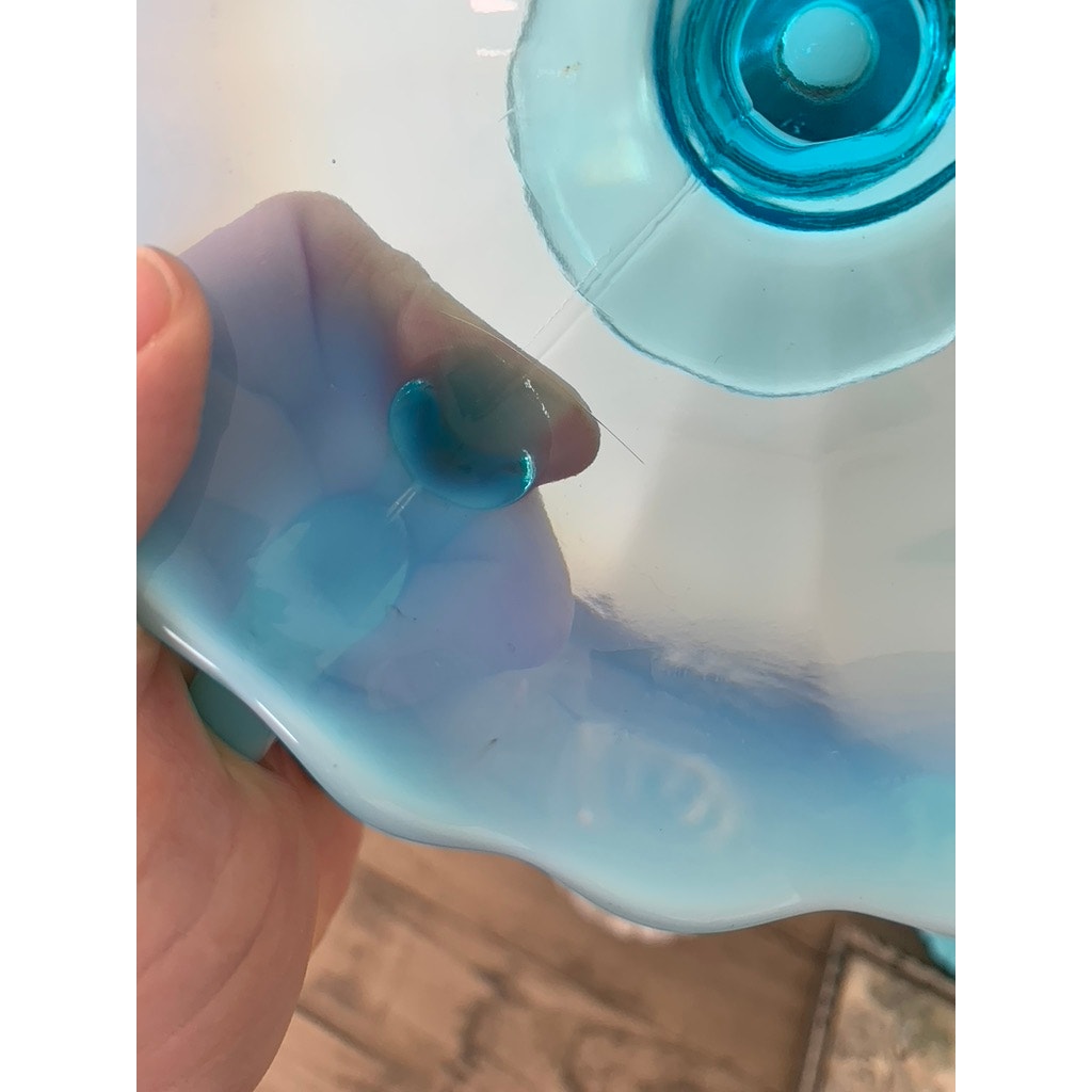 Vintage Dugan Opalescent Blue Glass Nappy Dish Aqua Pedestal Bowl Cottage Boho