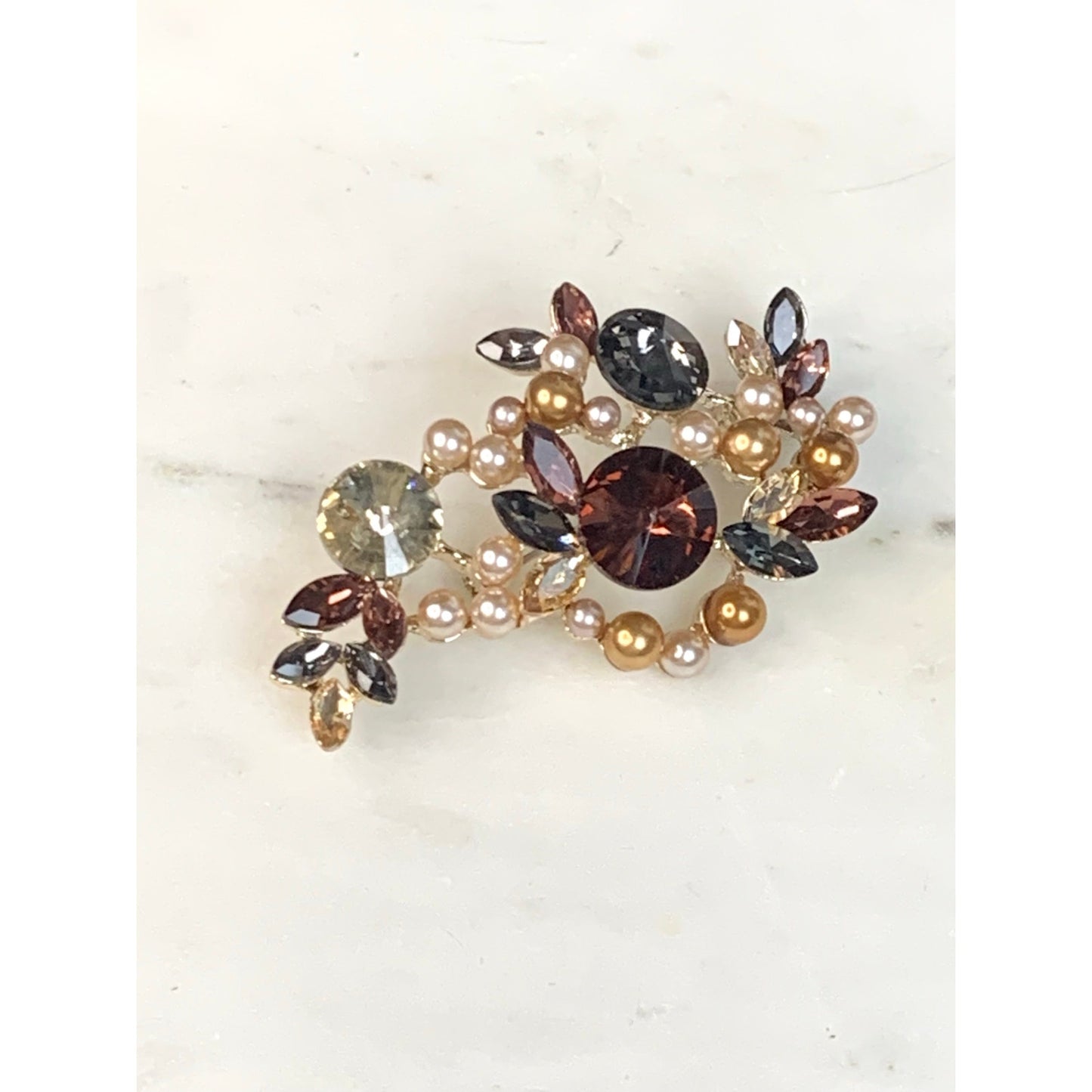 Romantic Rhinestone and Faux Pearl Brooch Multicolor Glass Statement Pin