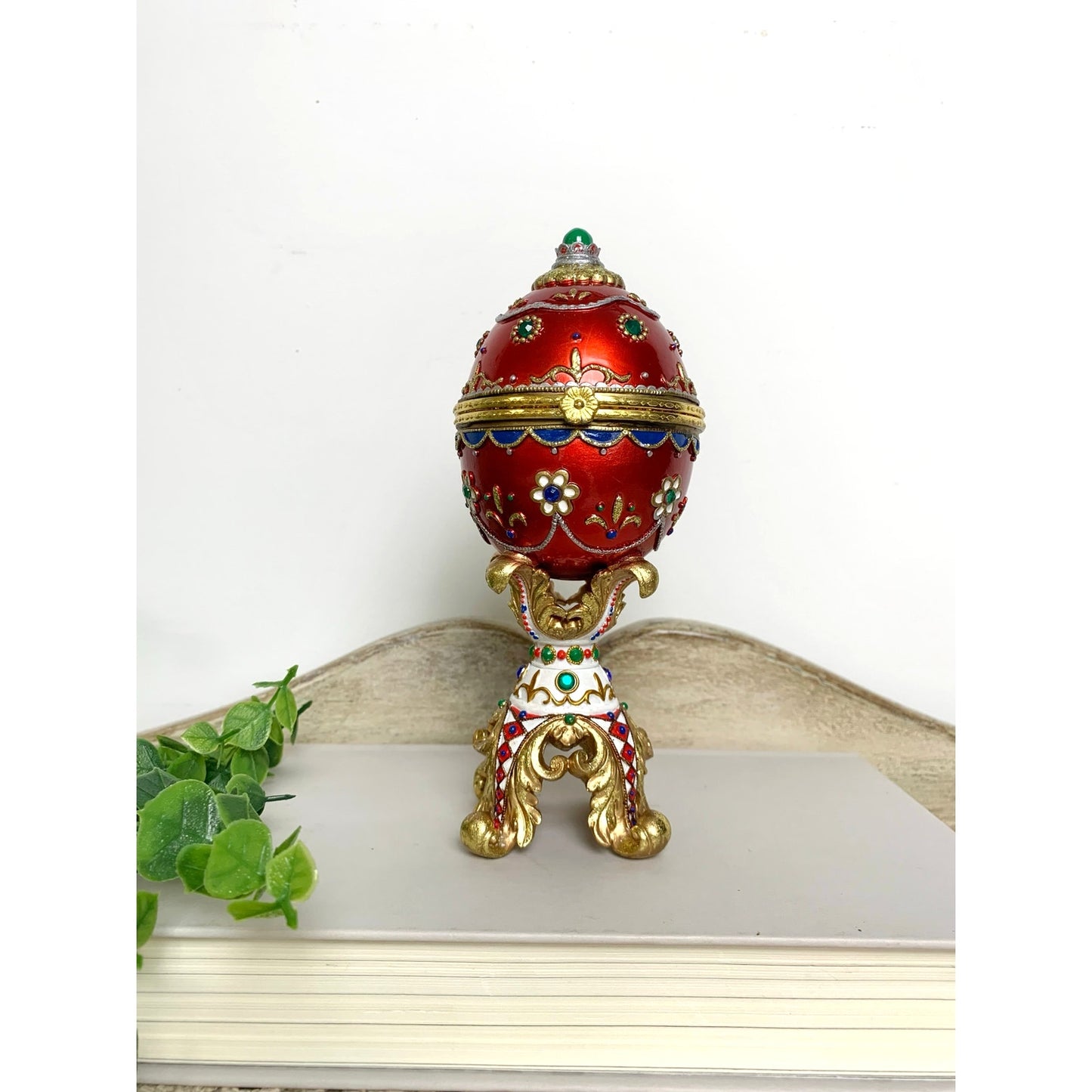 Vintage Faberge Style Red Enamel Egg Trinket Box Jeweled Pedestal Jewelry Box