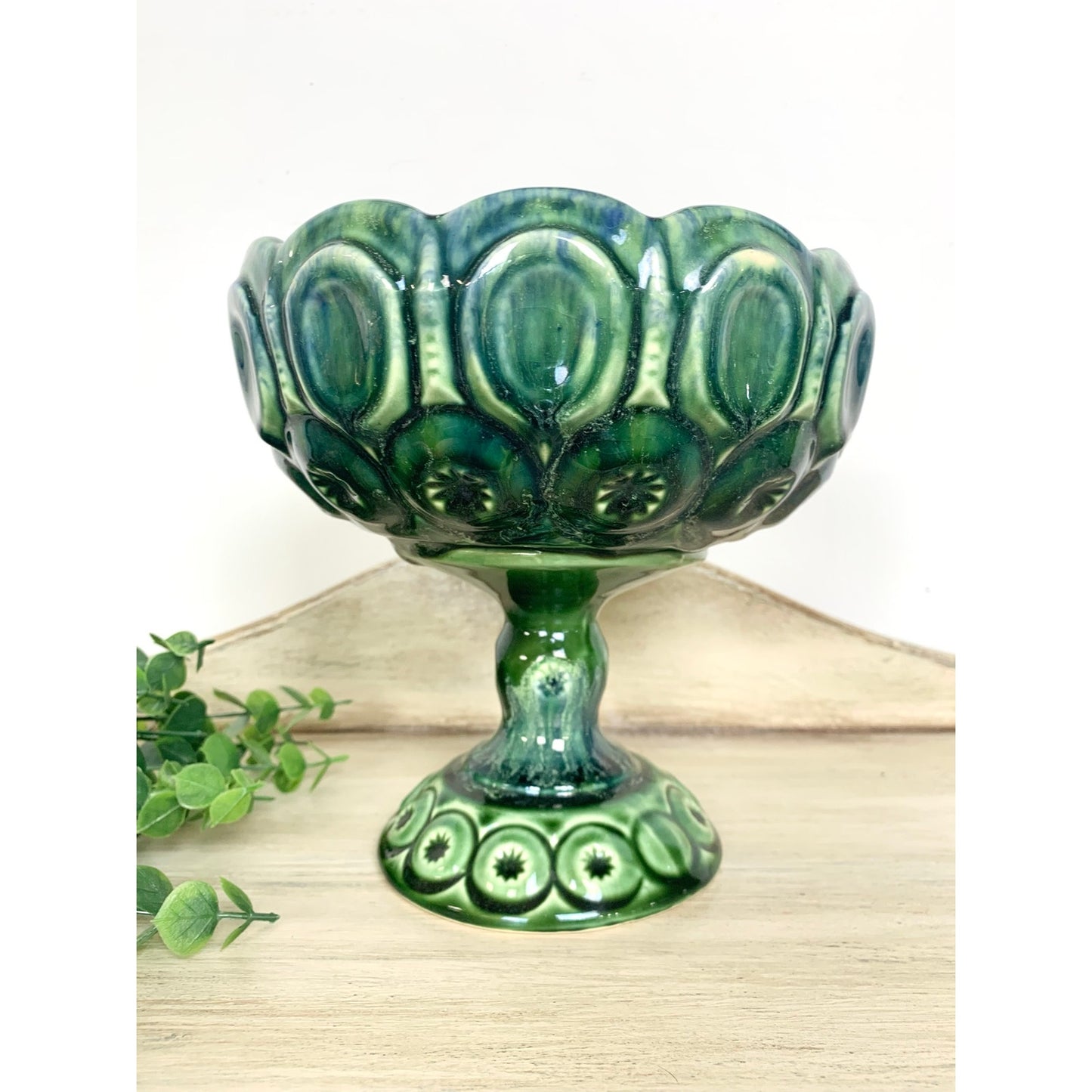Vintage McCoy Pottery Compote Pedestal Bowl Green Teal Moon and Stars Mid Century