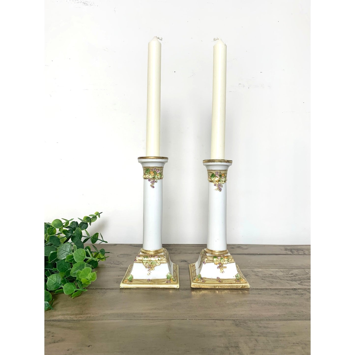 Antique Nippon Hand-Painted Candlestick Holders Pair Grape & Gold Moriage 7” H