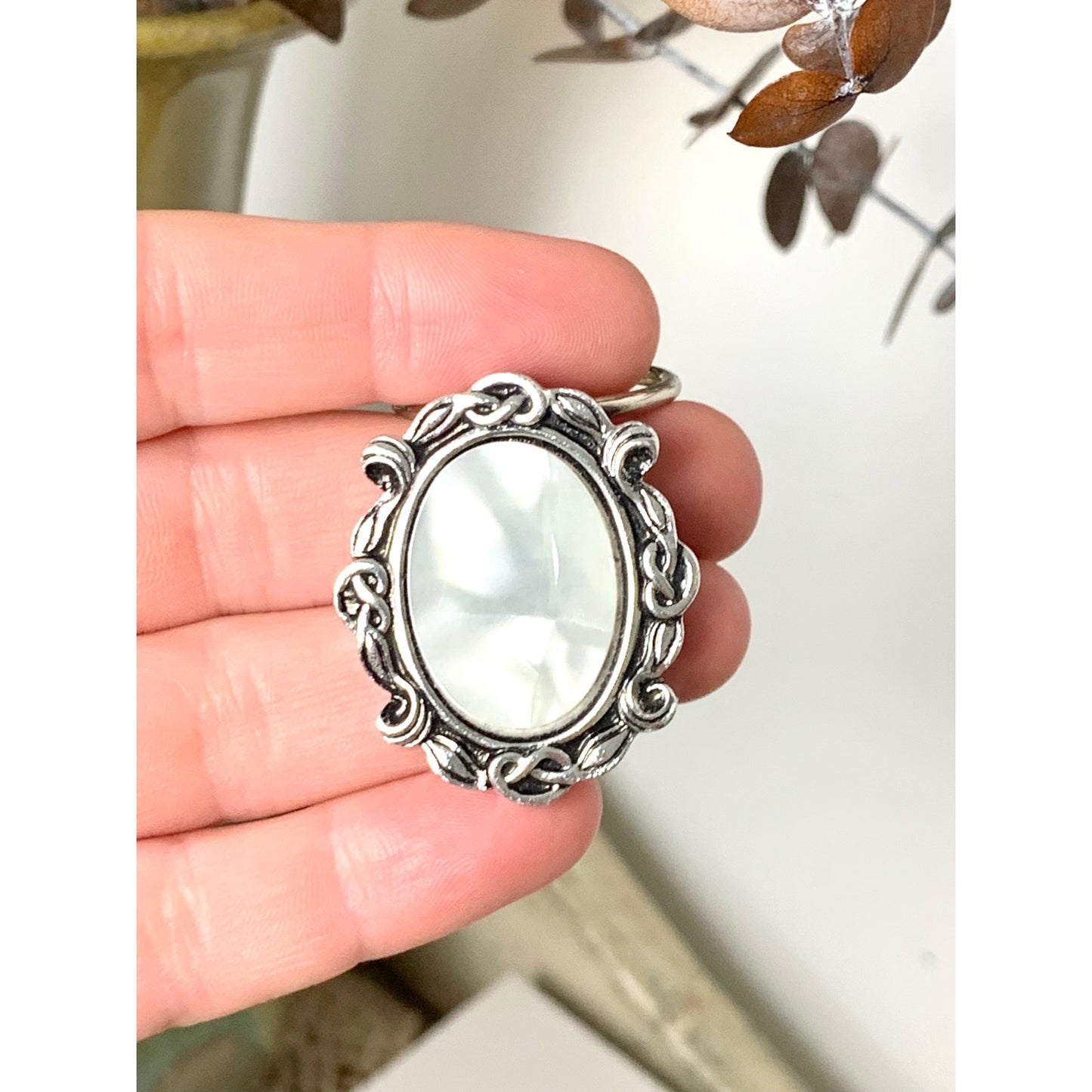 Vintage West Germany Mother of Pearl Scarf Clip Ornate Silver Tone Oval