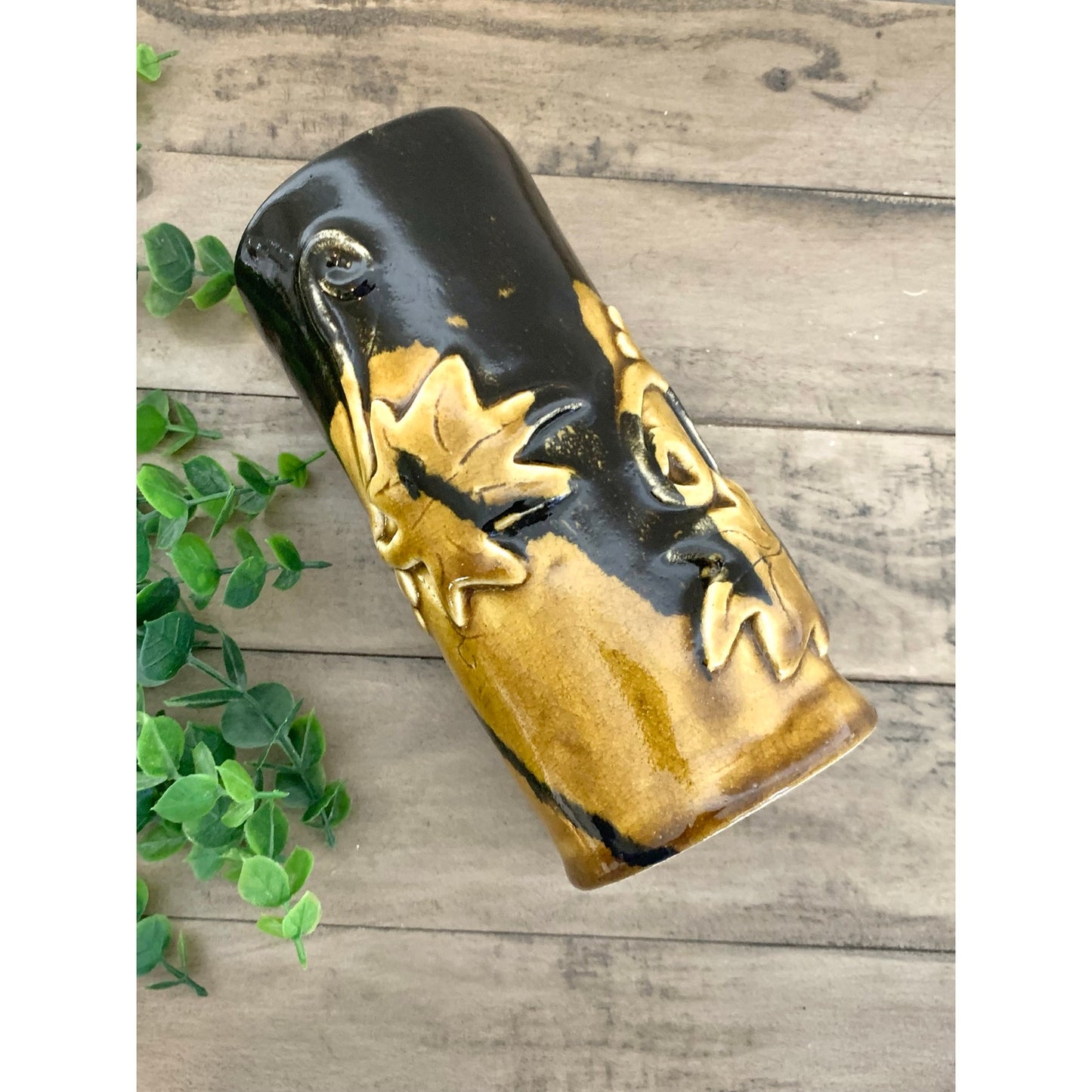 Vintage Black and Gold Ceramic Vase with Raised Vine and Leaf Design – Rustic Studio Pottery
