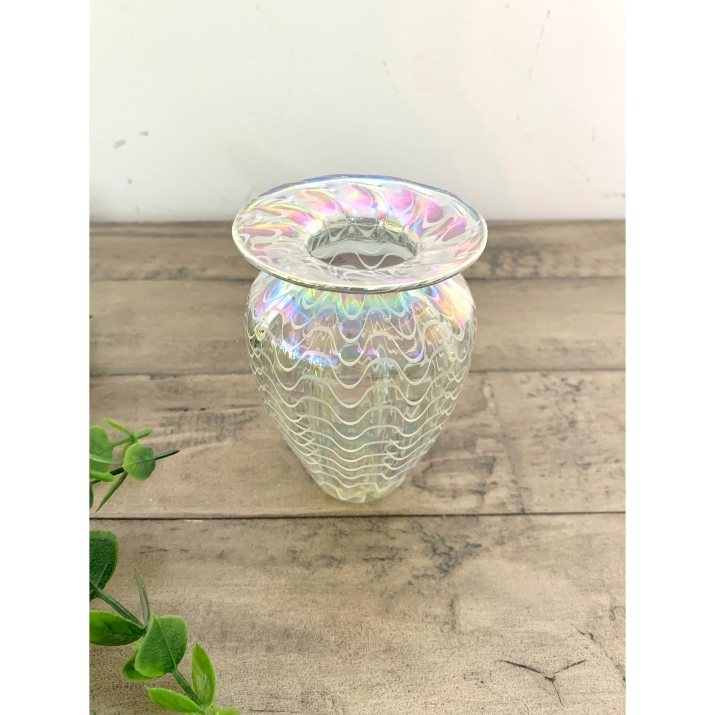 Vintage Glass Eye Studio Iridescent Art Glass Vase Handblown with Wavy Design