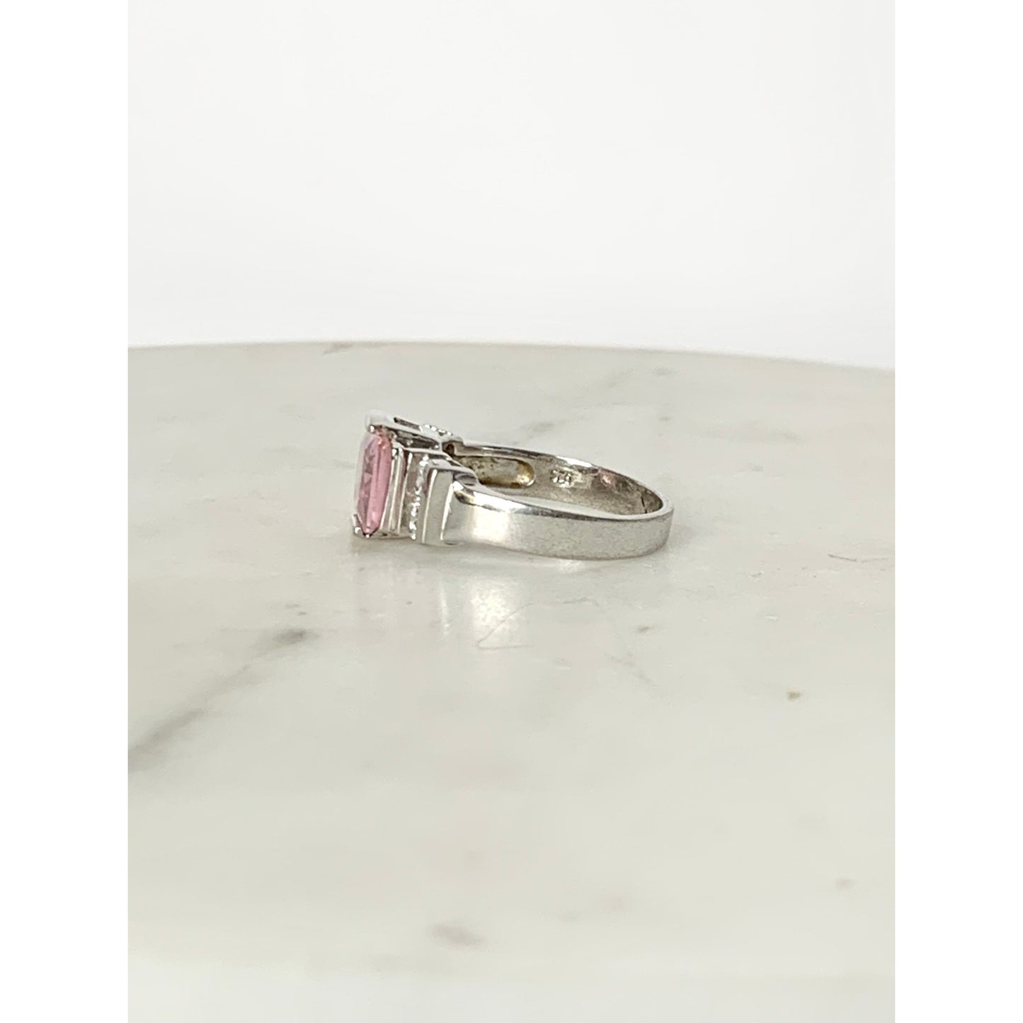 Vintage Sterling Silver Pink Princess Cut CZ Ring Size 8.25 Cocktail Art Deco