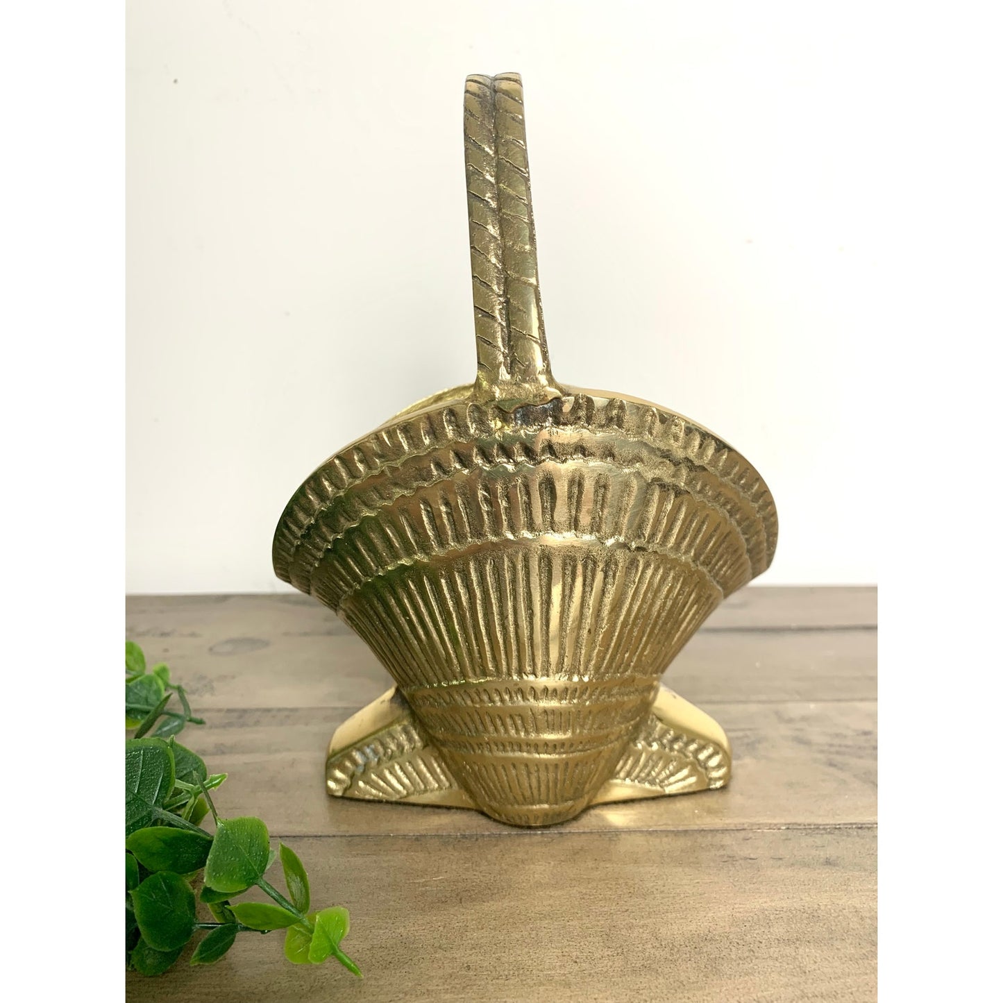 Vintage Solid Brass Seashell Basket Planter with Handle Heavy Coastal Nautical