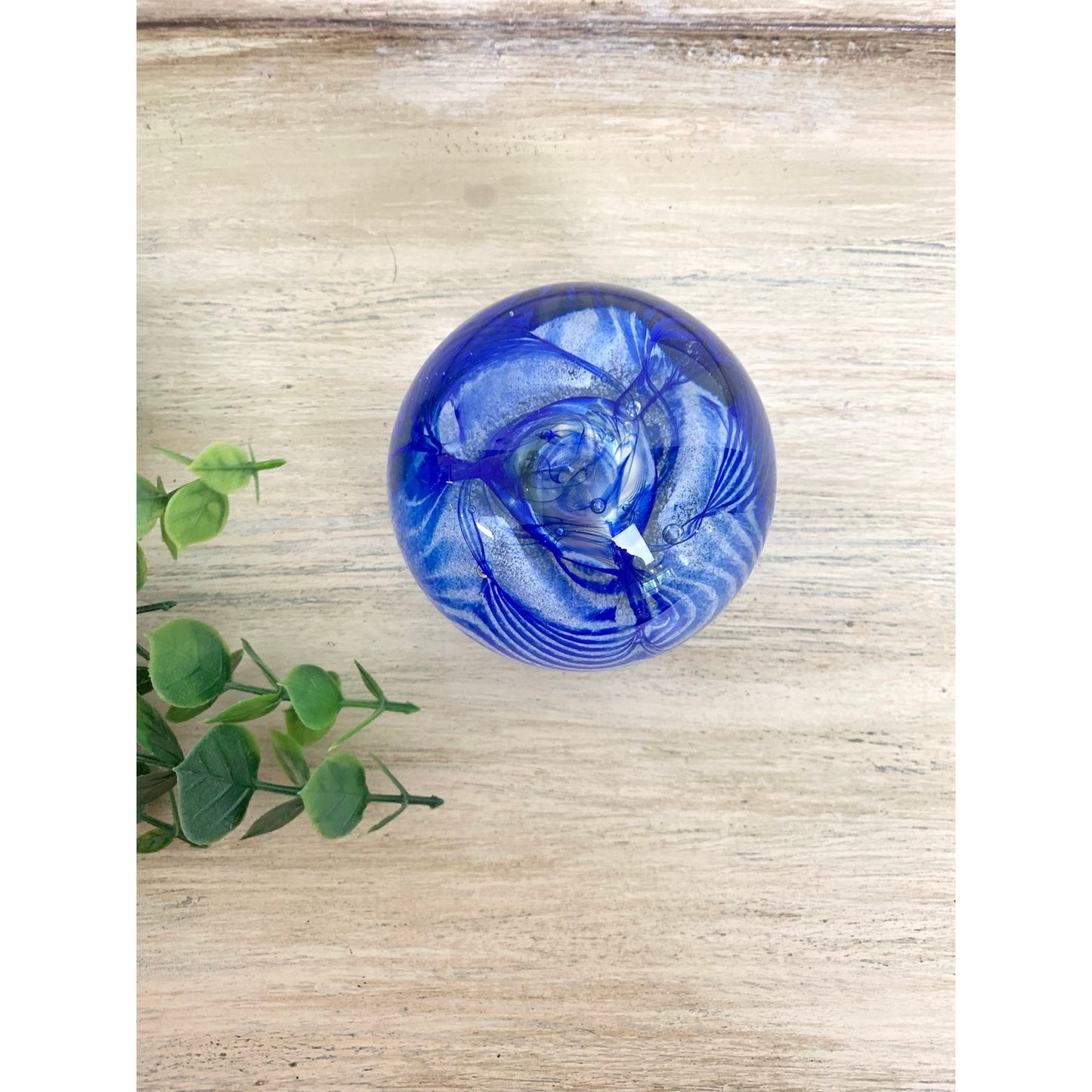Vintage Caithness Blue Swirl Glass Paperweight Signed Scottish Art Glass Mid Century Style
