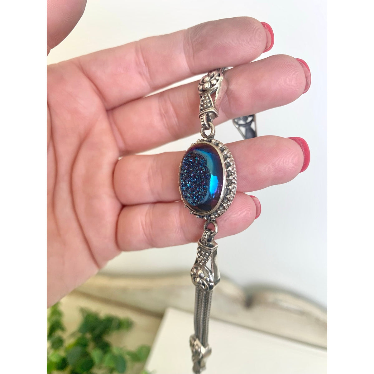 Vintage Sterling Silver Druzy Quartz Bracelet Blue Iridescent 925 Jewelry
