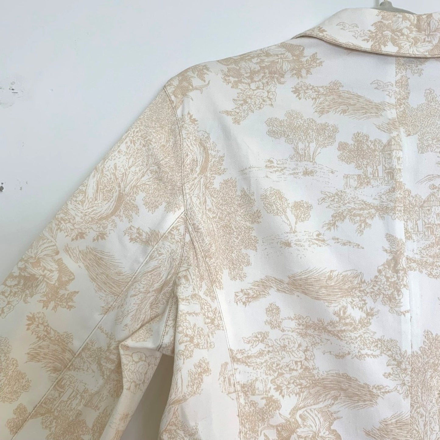 Evan Picone Toile Print Blazer White Beige Stretch Denim Jacket Structured Size 10