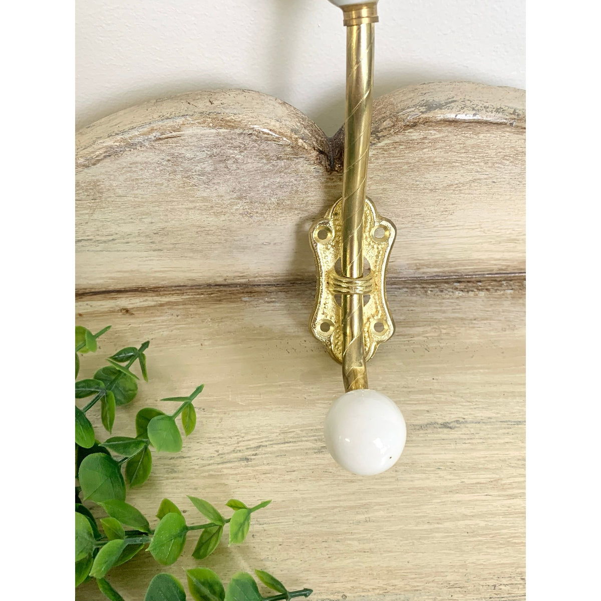 Vintage Brass Double Wall Hook White Porcelain Knobs Coat Rack Hardware