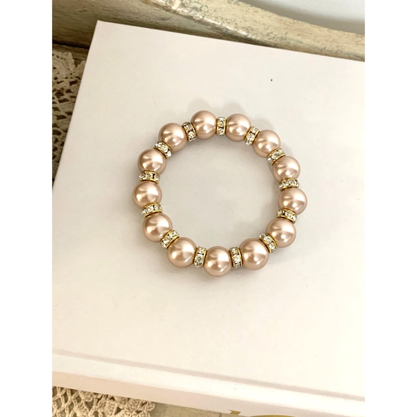 Blush Faux Pearl Stretch Beaded Bracelet Rhinestone Spacer Elegant Feminine