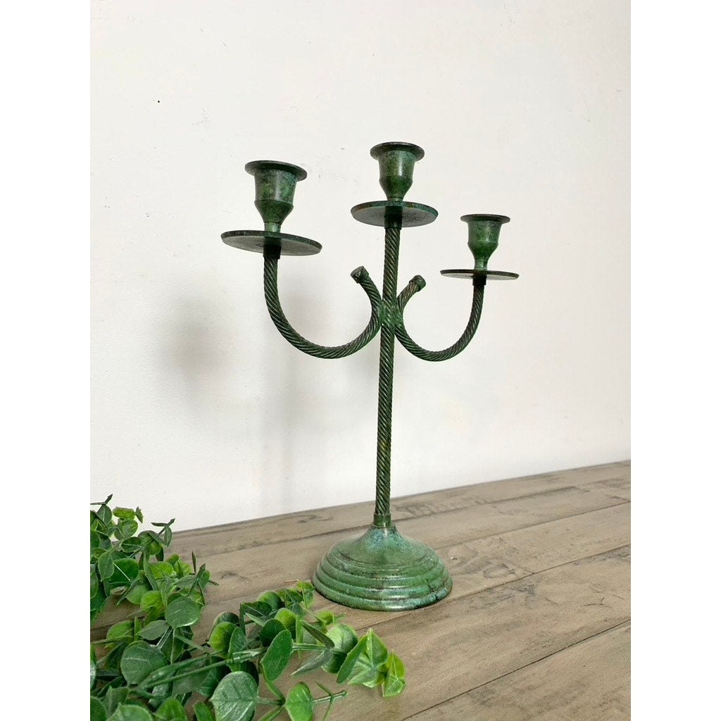 Vintage Verdigris Twisted Metal Candelabra – Green Triple Candle Holder Aged Patina Old World Christmas