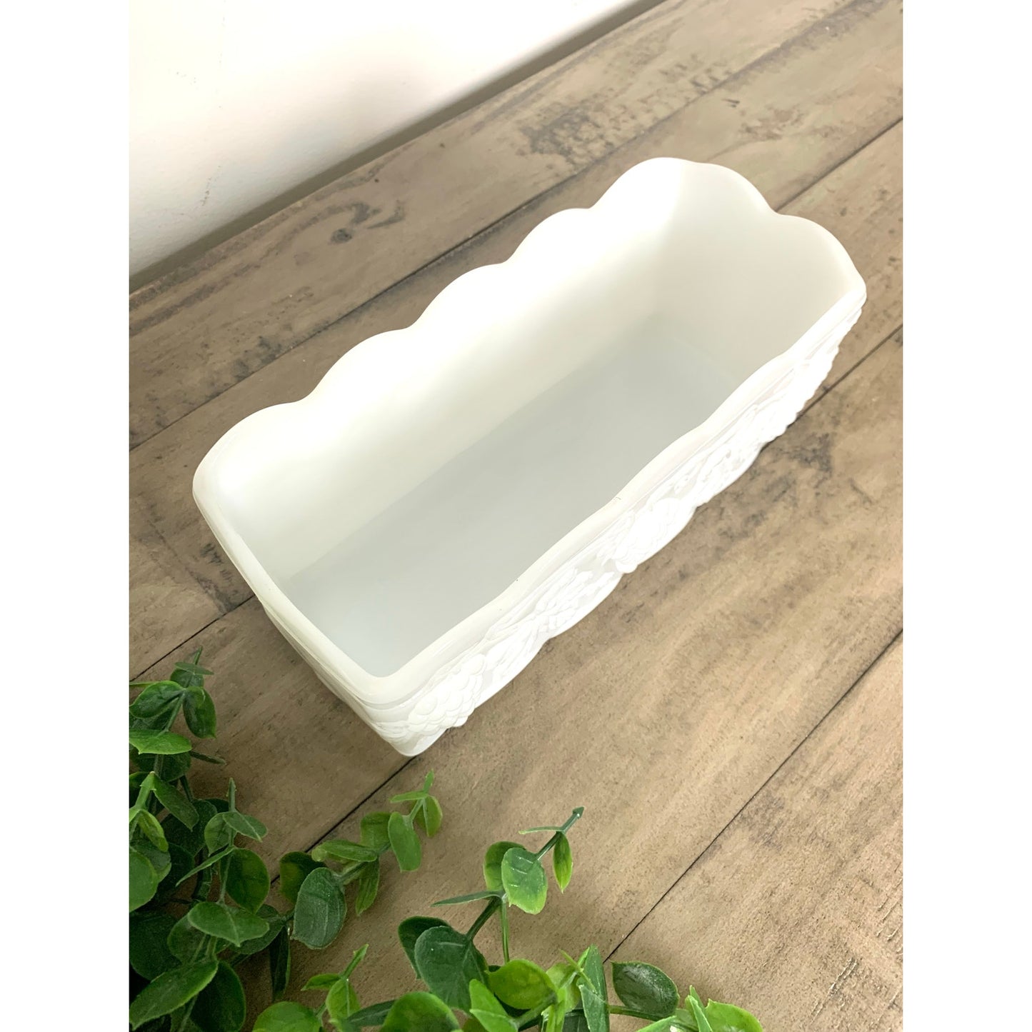 Vintage Anchor Hocking Fire King Milk Glass Grapevine Planter Scalloped RIm