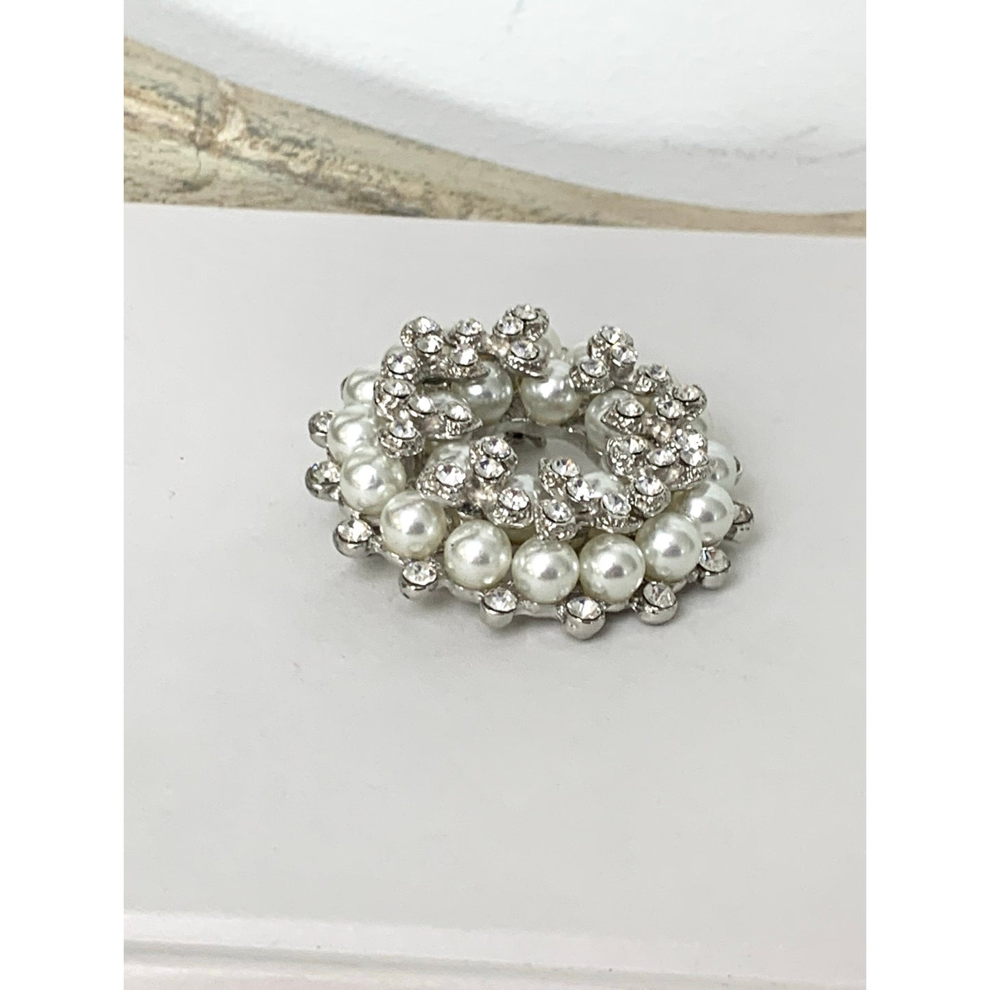 Vintage Faux Pearl and Rhinestone Wreath Brooch Classic Circle Pin Elegant Jewelry