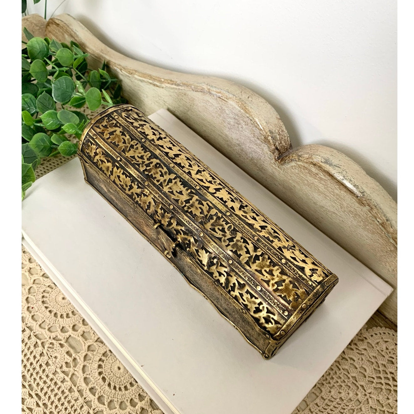 Vintage Brass Wood Trinket Box Floral Etched Hinged Jewelry Box Vanity Old World