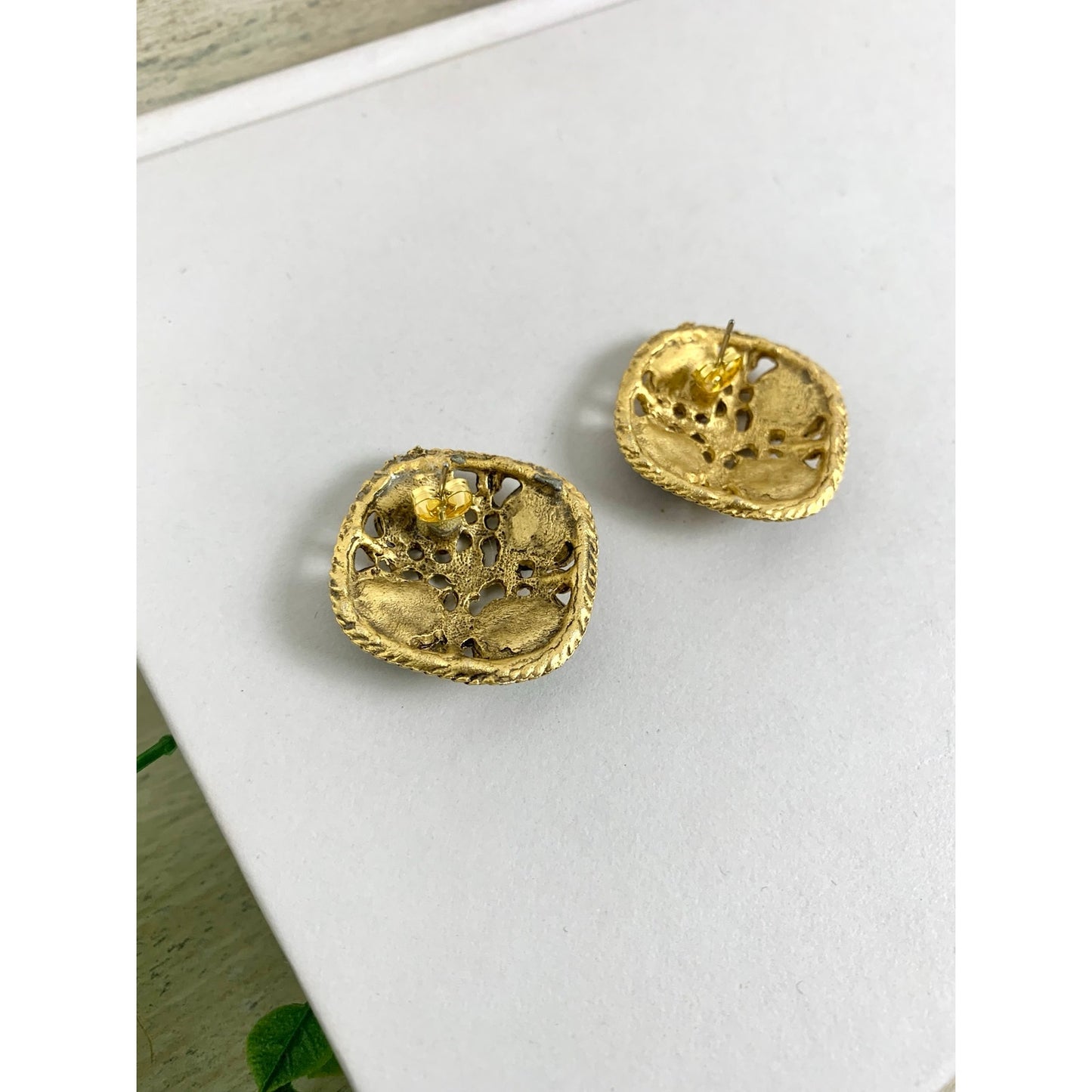 Vintage Goldtone Teal Swirl Enamel Statement Earrings Chunky Retro Post Back 1980s