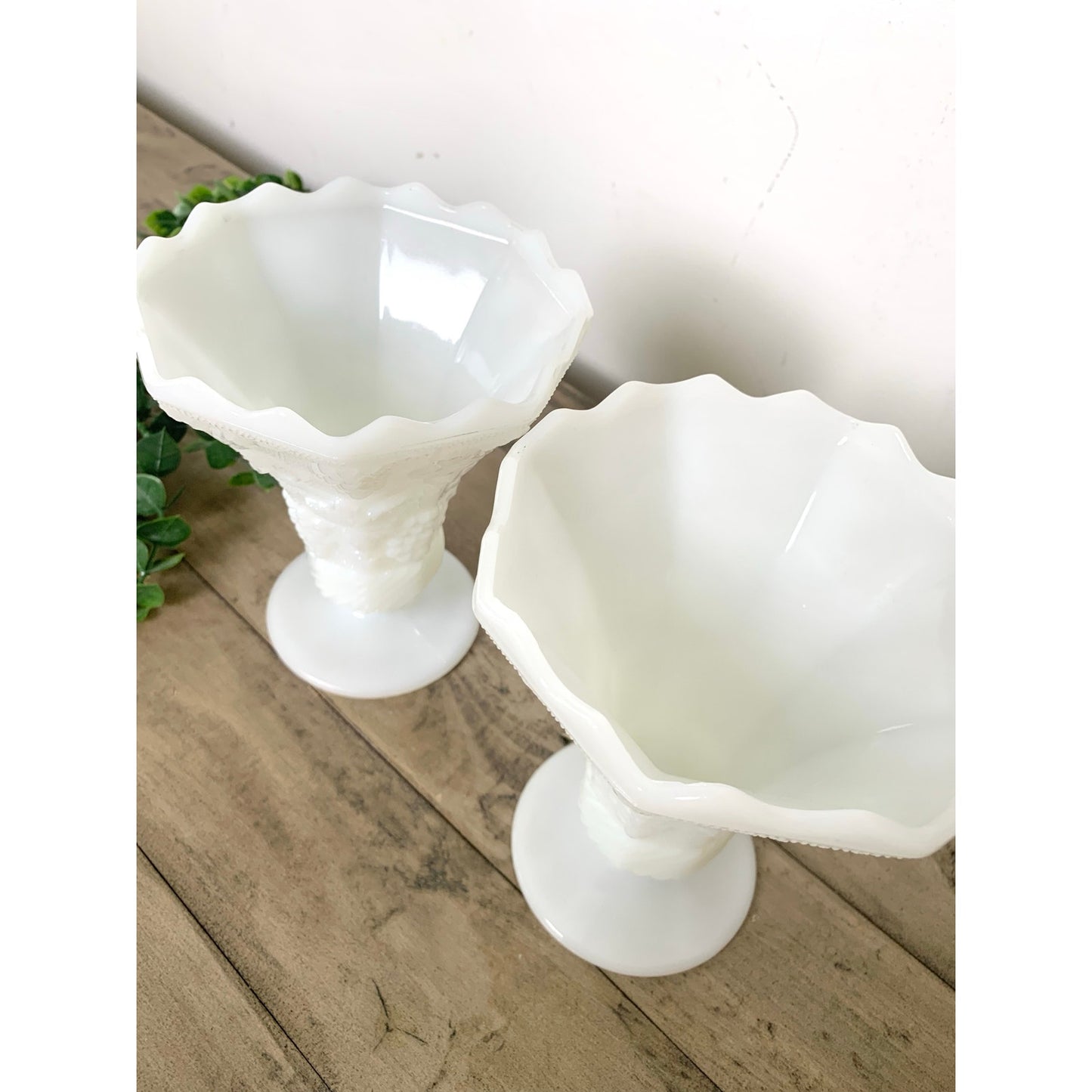 Anchor Hocking Vintage Pair White Milk Glass Grape Vine Pedestal Vases Cottage