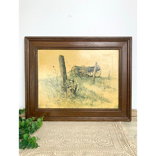 Vintage Daisy Wagon Landscape Print Rustic Farmhouse Wall Art Framed Country Cottage