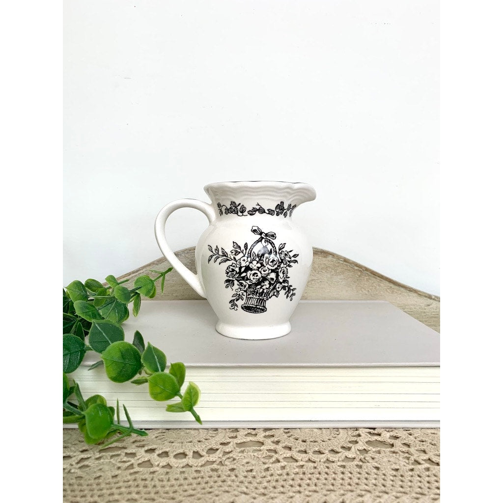 Vintage Black Transferware Creamer Vase New England Toile Farmhouse Cottage Whimsigoth