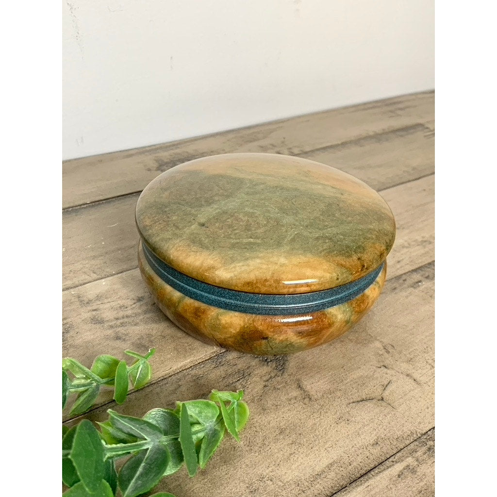 Vintage Alabaster Trinket Jewelry Box Hinged Earthy Green Brown Veining Stone