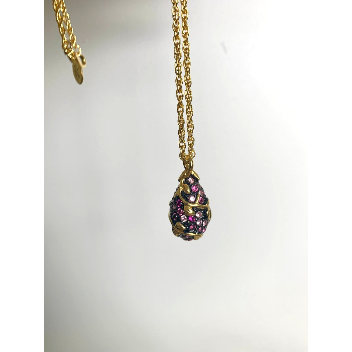 Vintage Joan Rivers Pink Purple Pendant Necklace Pave Rhinestone Gold Tone Romantic Glam