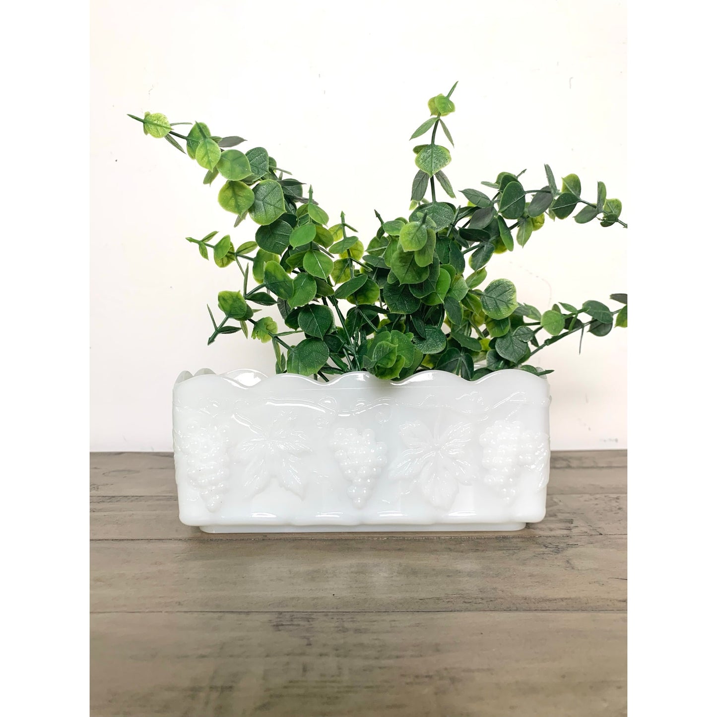 Vintage Anchor Hocking Fire King Milk Glass Grapevine Planter Scalloped RIm