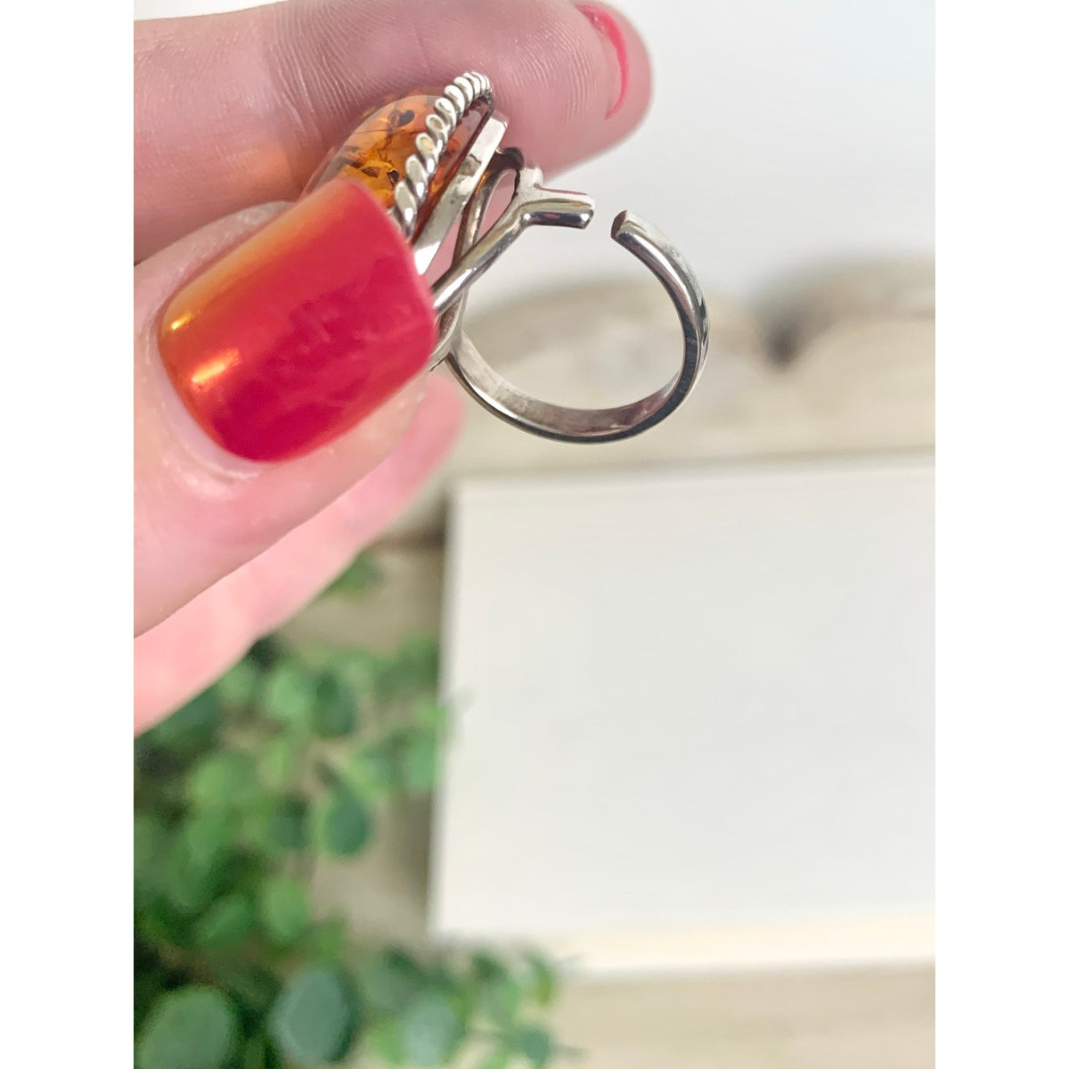 Vintage Sterling Silver Amber Ring Adjustable Oval Statement Jewelry Boho Southwestern