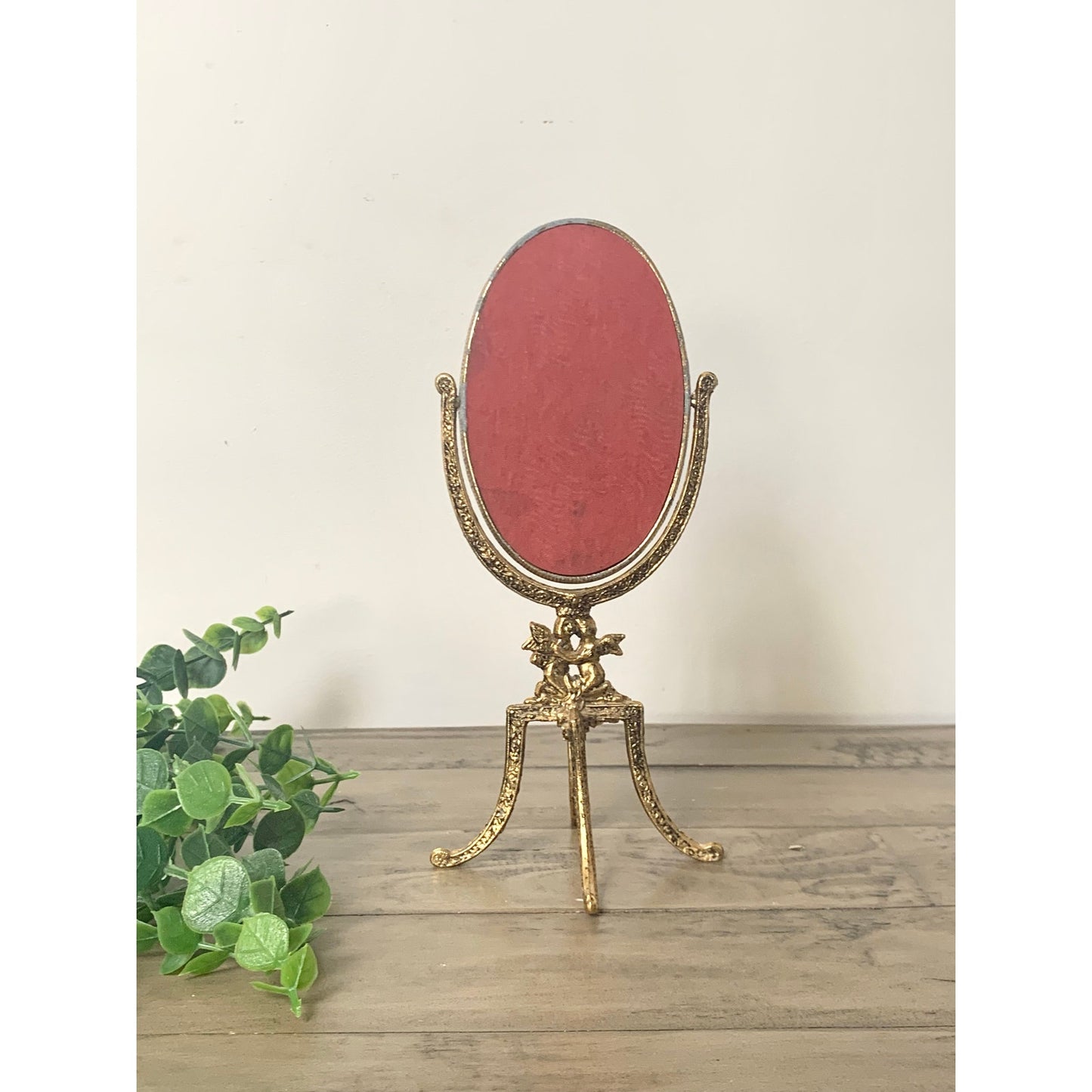 Vintage Gold Metal Tabletop Vanity Mirror Ornate Cherub Hollywood Regency Gilt