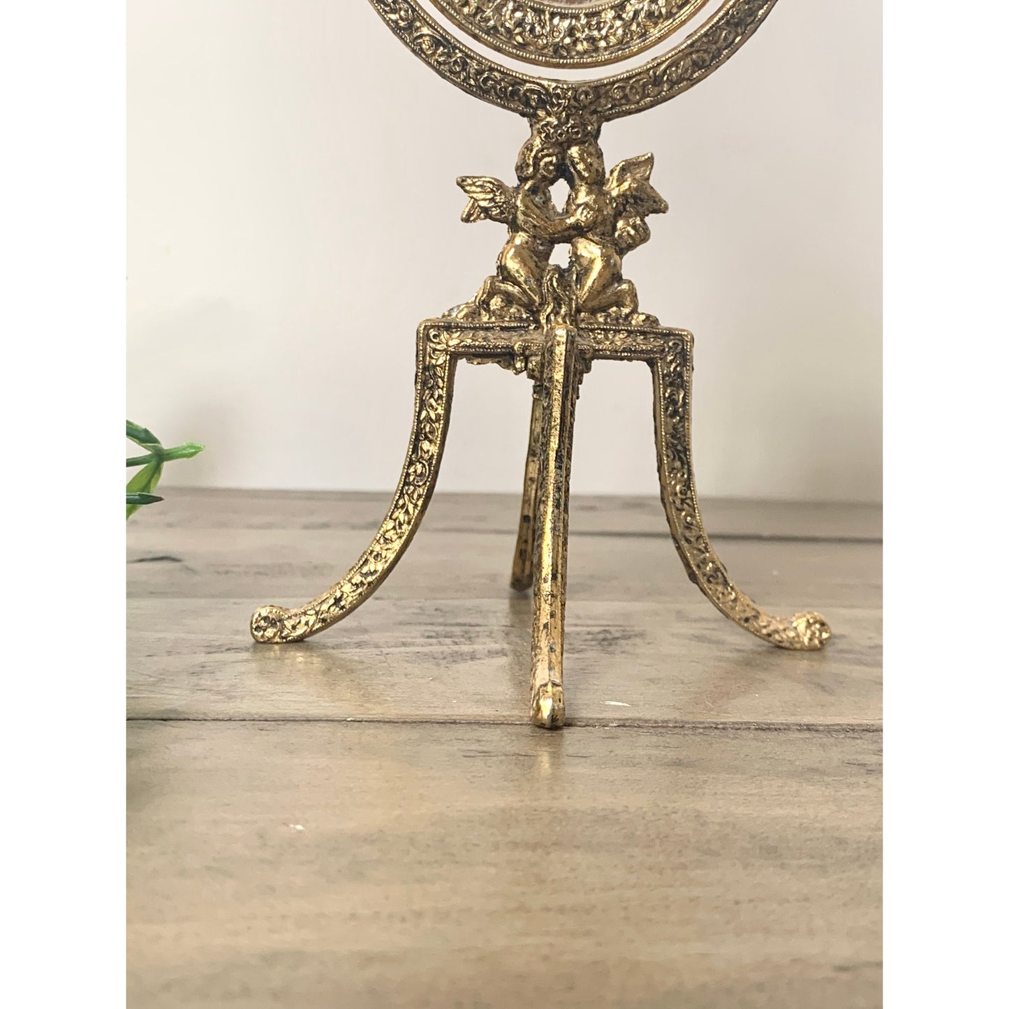 Vintage Gold Metal Tabletop Vanity Mirror Ornate Cherub Hollywood Regency Gilt