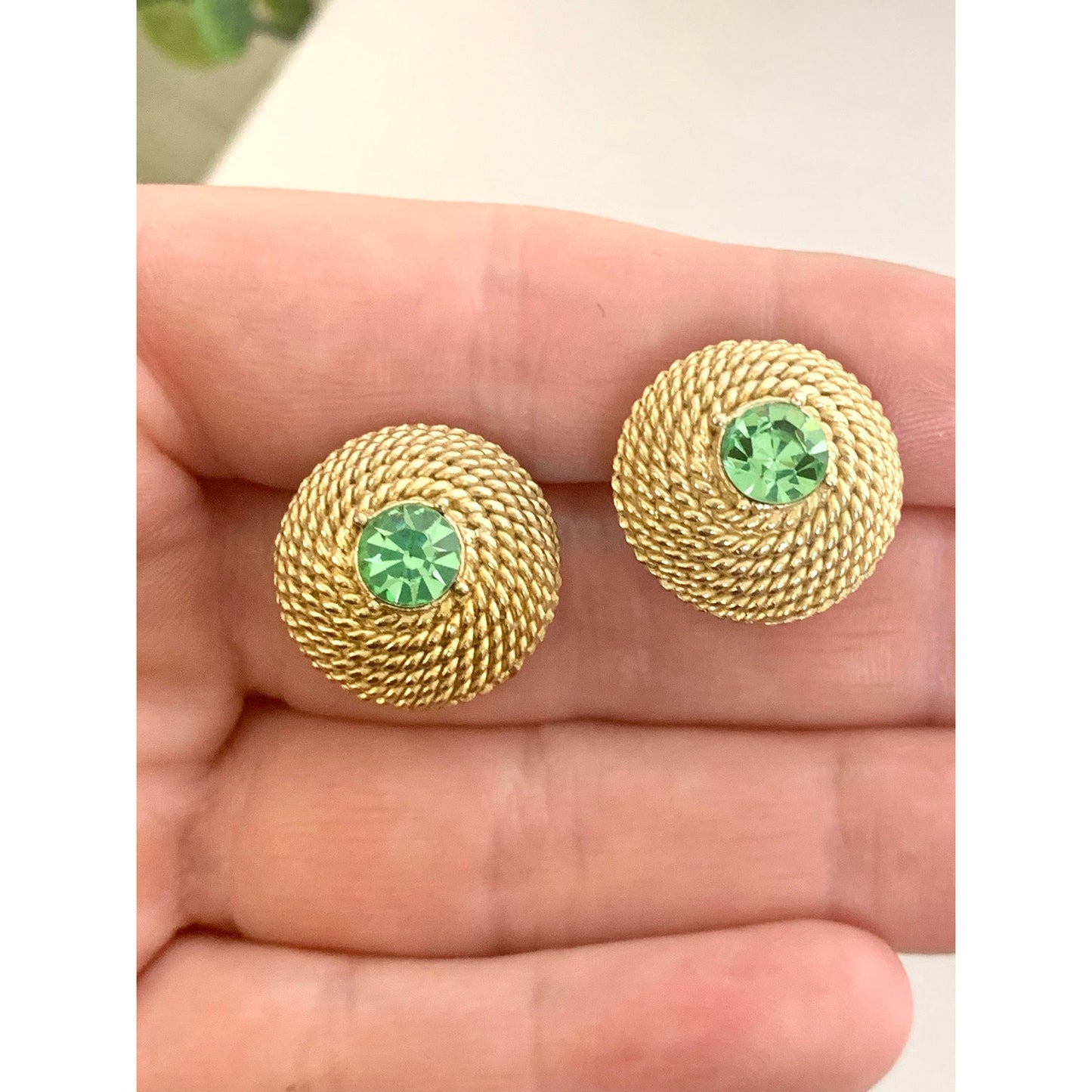 Vintage Gold Tone Clip On Earrings Green Rhinestone Textured Retro Statement