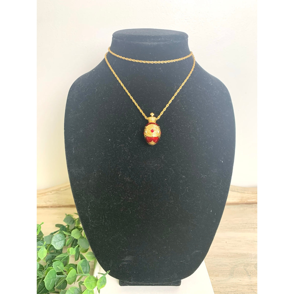 Vintage Joan Rivers Red Enamel Egg Pendant Necklace Crown Rhinestone Gold Tone