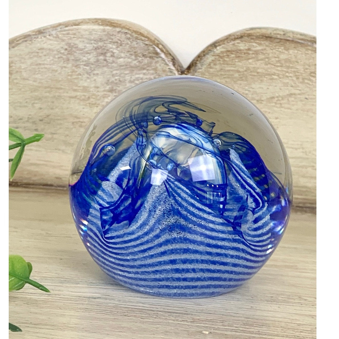 Vintage Caithness Blue Swirl Glass Paperweight Signed Scottish Art Glass Mid Century Style