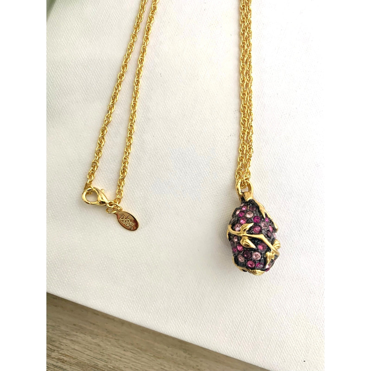 Vintage Joan Rivers Pink Purple Pendant Necklace Pave Rhinestone Gold Tone Romantic Glam