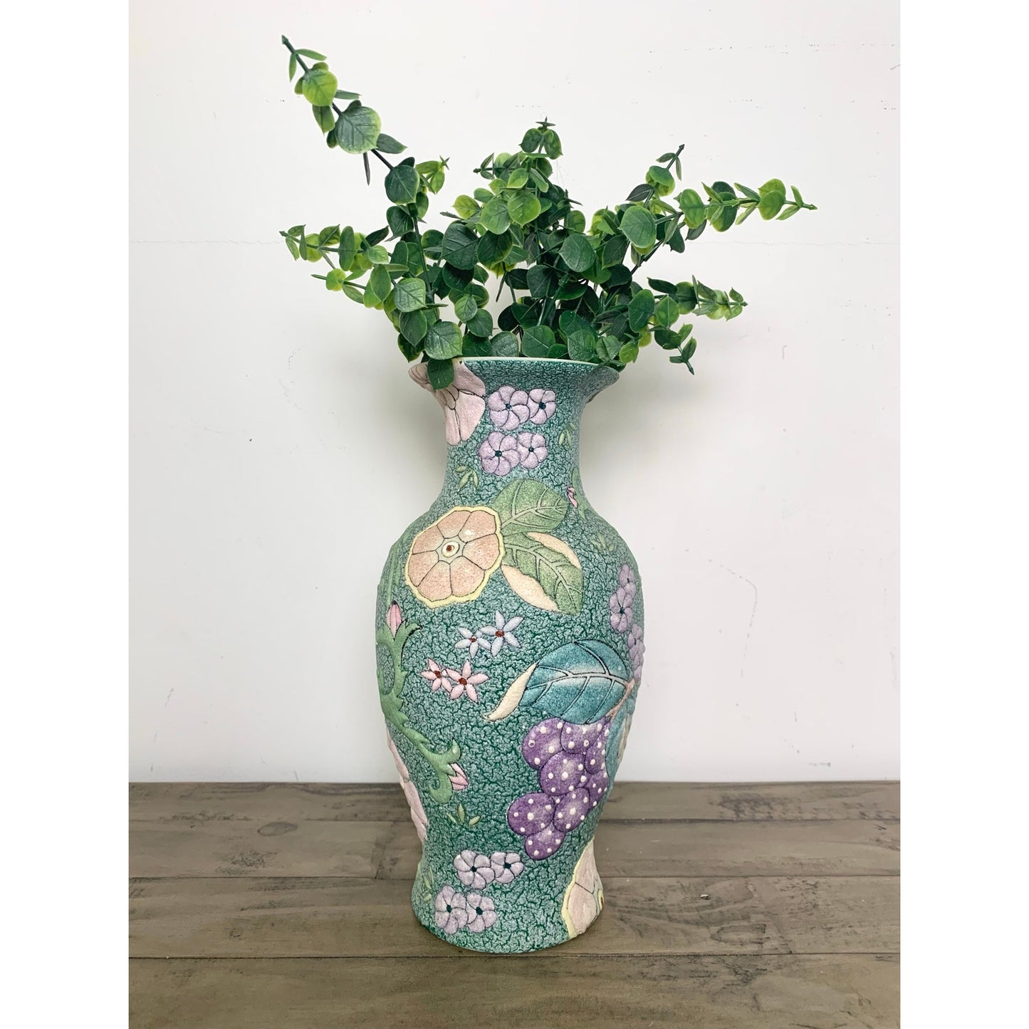 Vintage Chinese High-Relief Textured Ceramic Vase Floral & Fruit Chinoiserie 12"