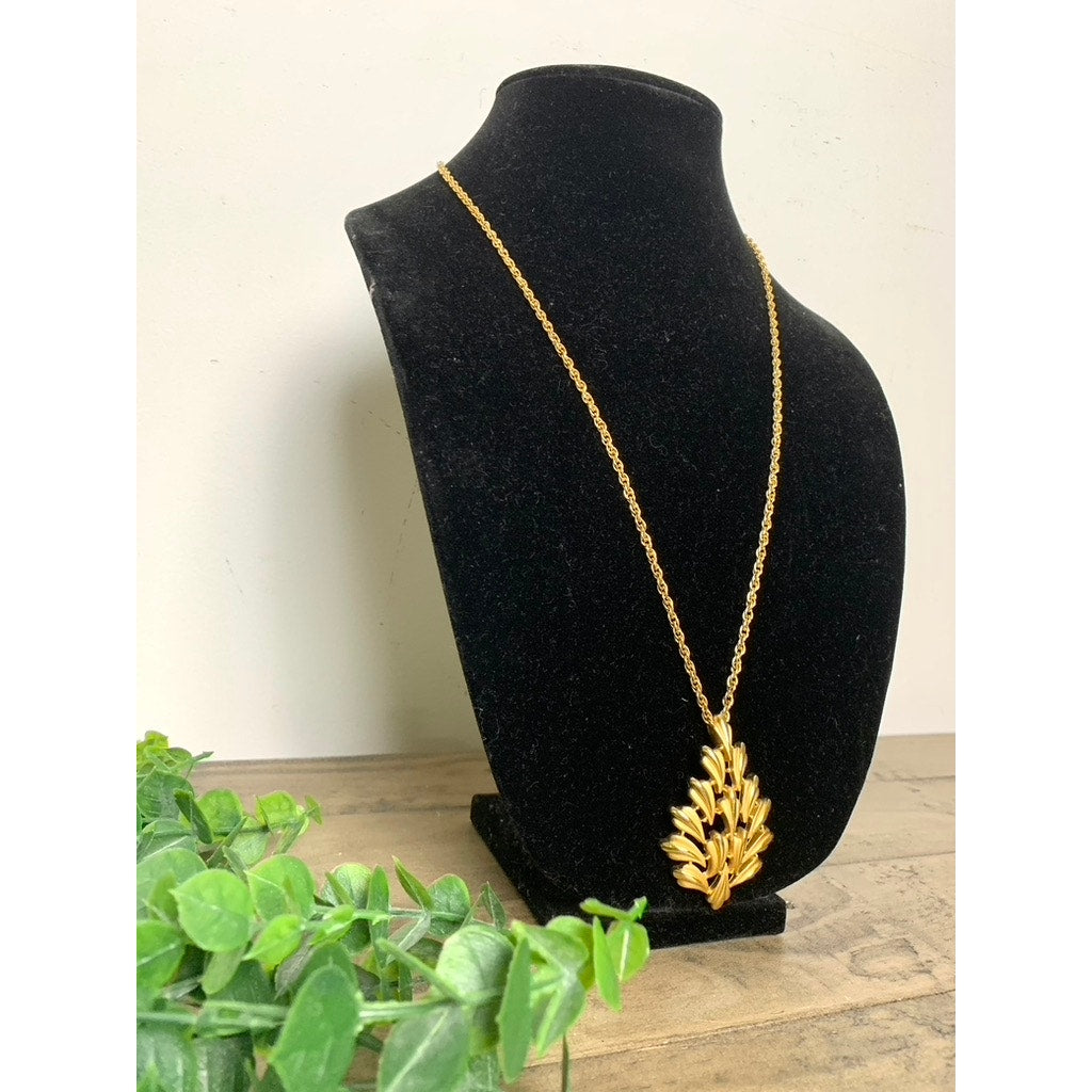 Vintage Trifari Signed Goldtone Leaf Tree Pendant Necklace Retro Fall Statement
