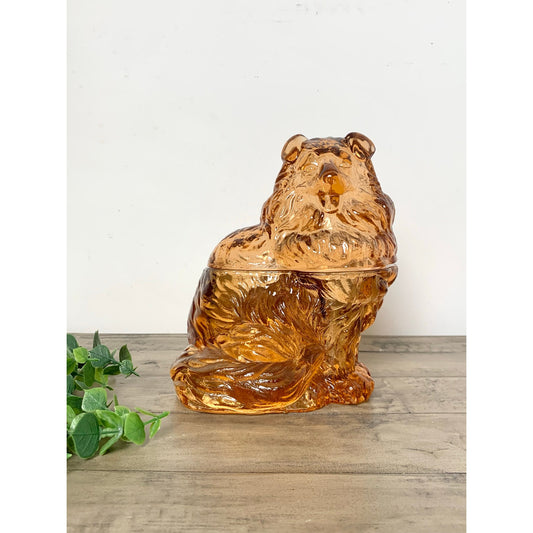Vintage Pink Amber Glass Collie Dog Cookie Jar Apothocary Mid Century Dog Canister