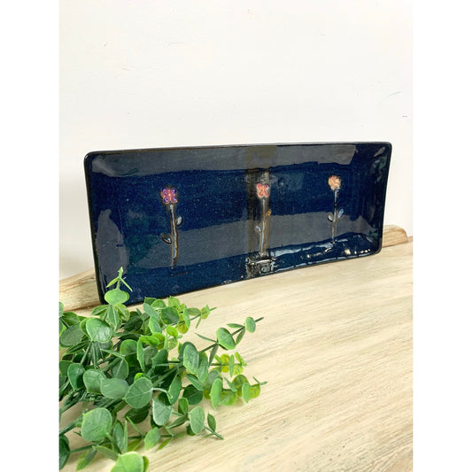 Vintage Blue Ceramic Tray Platter with Pink Floral Design Cottagecore Serving Pottery Tray