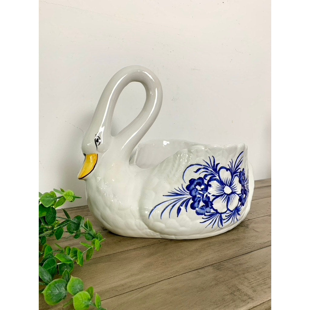 Vintage Portuguese Hand-Painted Ceramic Large Swan Planter Blue & White Cottage