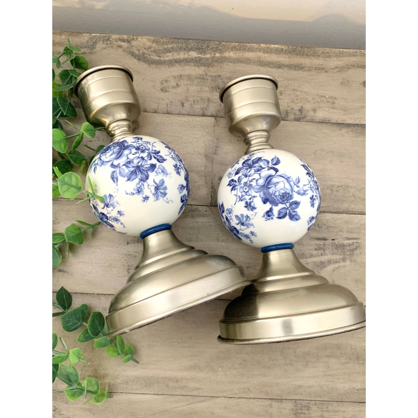 Vintage Blue & White Floral Porcelain and Pewter Candlestick Holders Set of 2