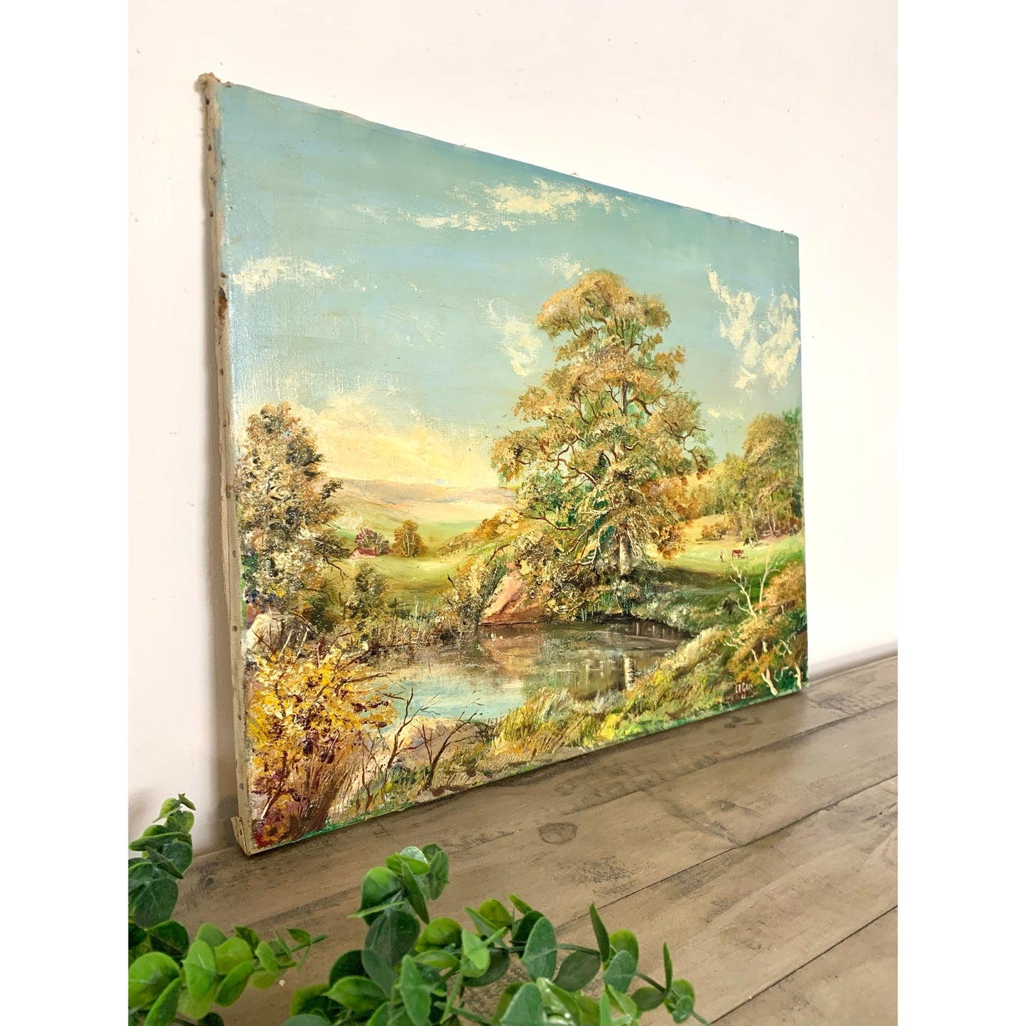 Vintage 1966 Landscape Oil Painting on Canvas – Signed C.A. Gays – Mid Century Original Farm Scene with Tree & Pond