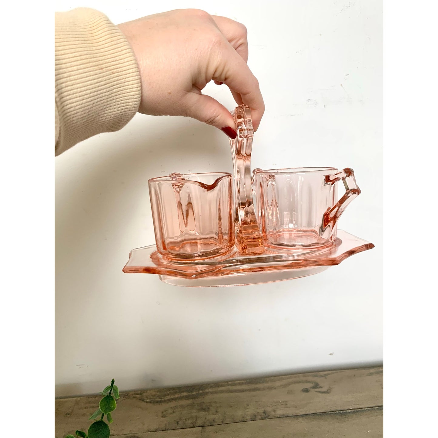 Vintage Cambridge Pink Depression Glass Cream and Sugar Set with Caddy