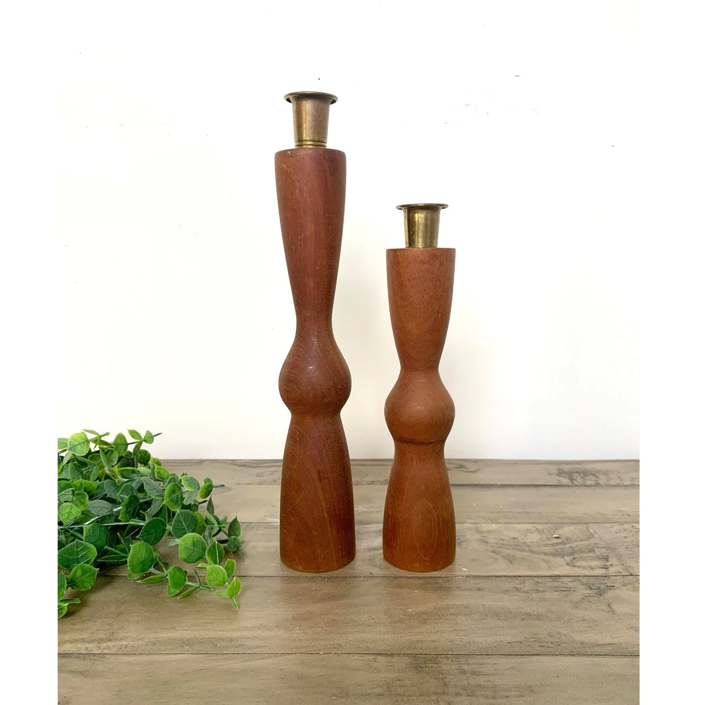 Pair of Vintage Mid Century Modern Wood Candlesticks with Brass Holders Cottage