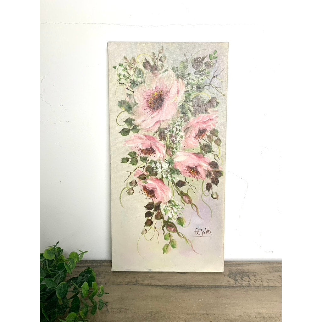 Vintage Floral Oil Painting on Canvas Signed by P. John, 16x8, Pink Floral