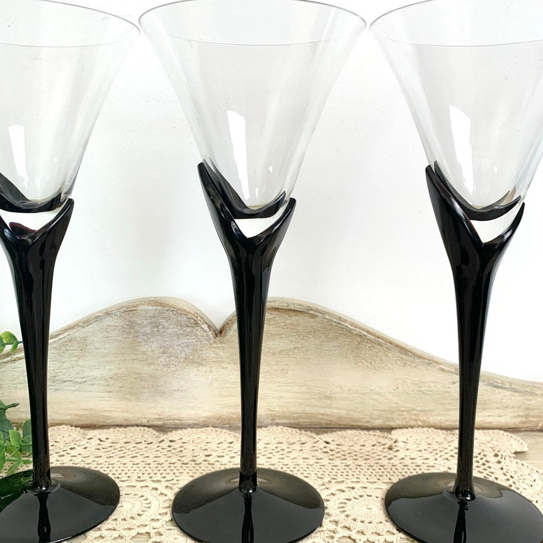 Vintage Mikasa Vogue Onyx Martini Glasses Set of 3 Black Stem Cocktail Glasses Barware Elegant