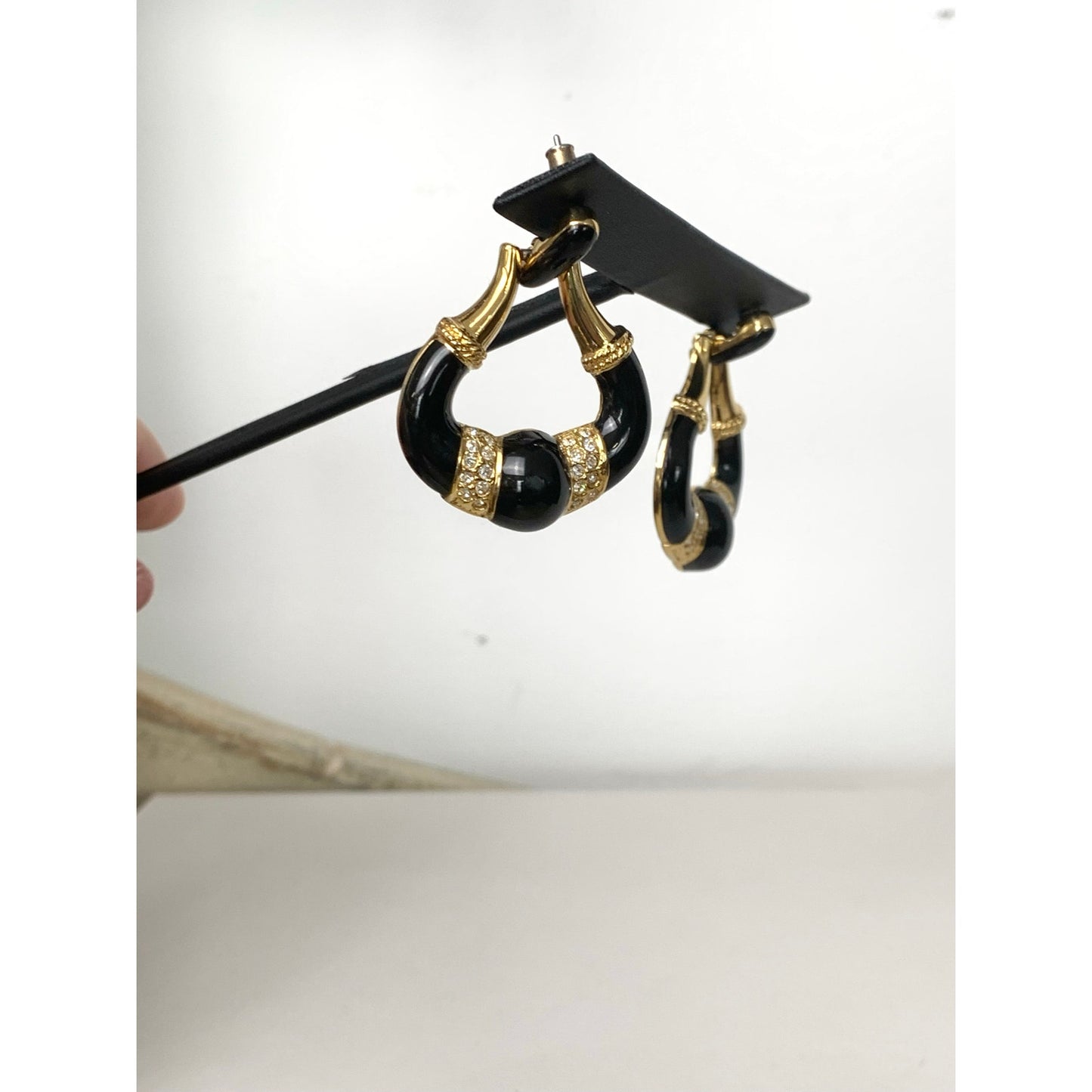 Vintage Black Enamel Rhinestone Goldtone Doorknocker Earrings Pierced Statement Glam