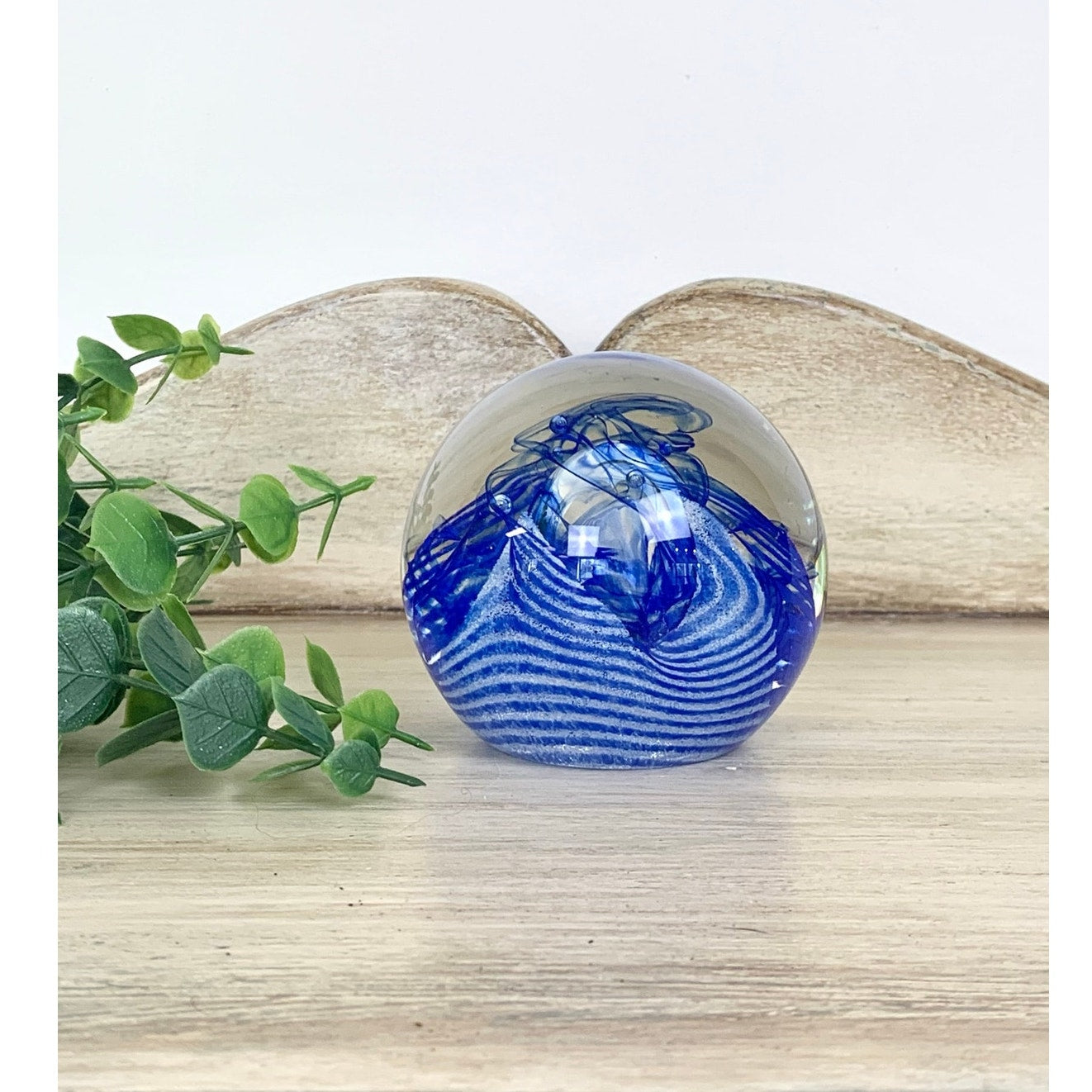 Vintage Caithness Blue Swirl Glass Paperweight Signed Scottish Art Glass Mid Century Style