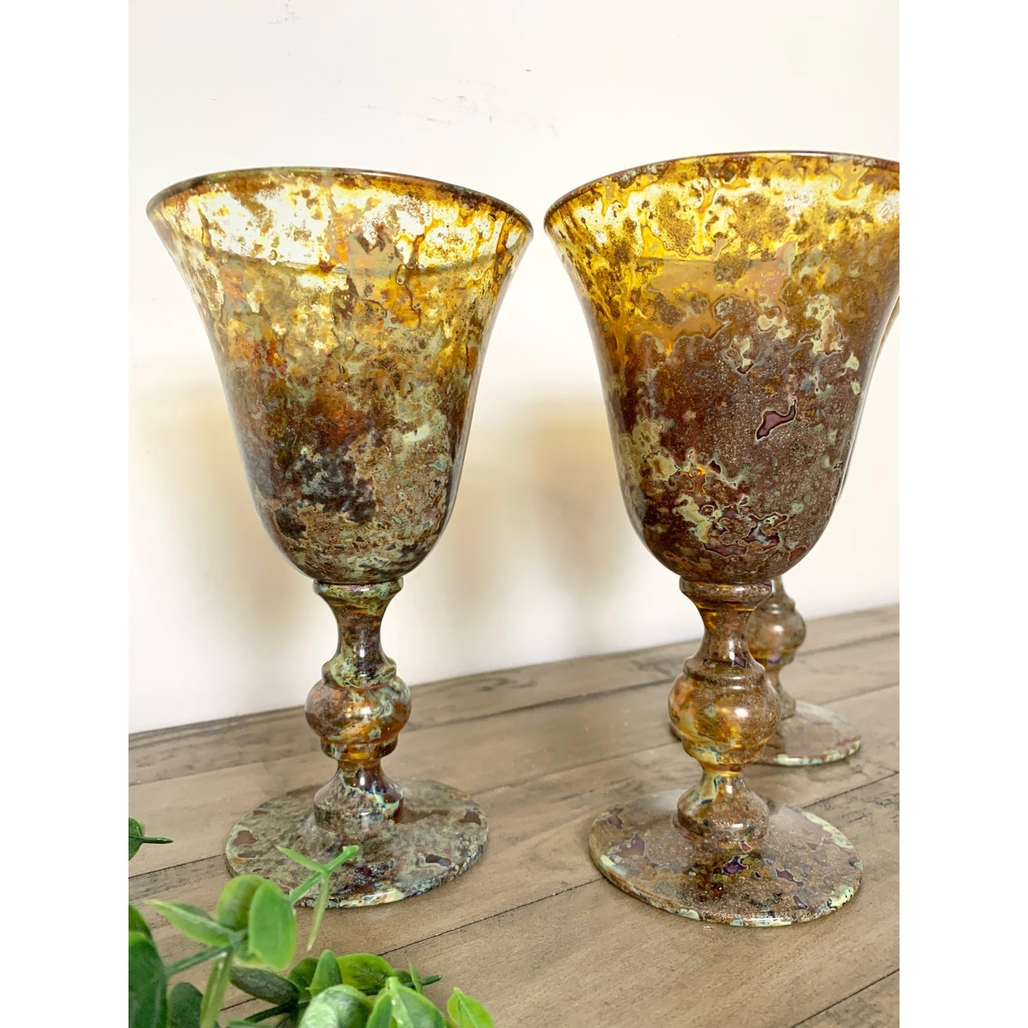 Neiman Marcus Red Moss Agate Goblets Set 3 Vintage Hand Blown Art Glass Poland