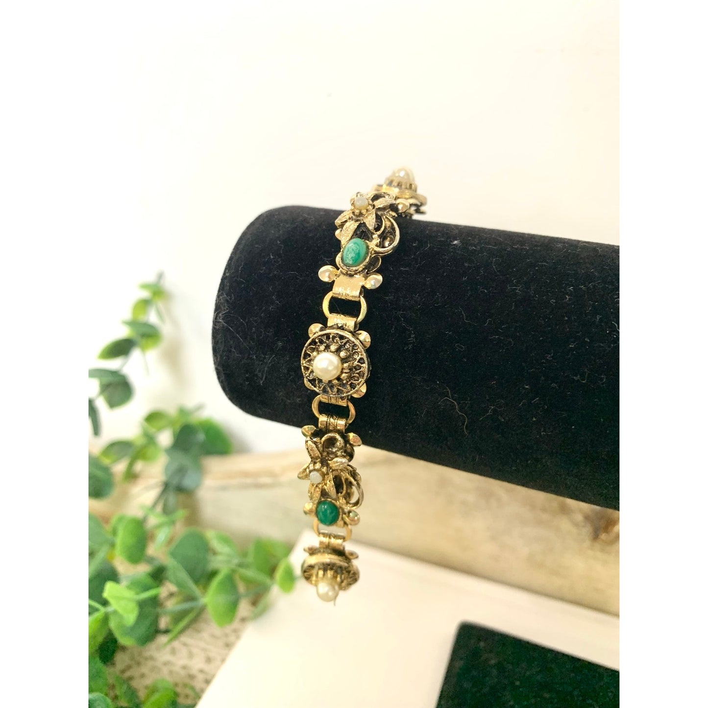 Vintage Victorian Revival Bracelet Goldtone Floral Link Faux Pearl Green Cabochon